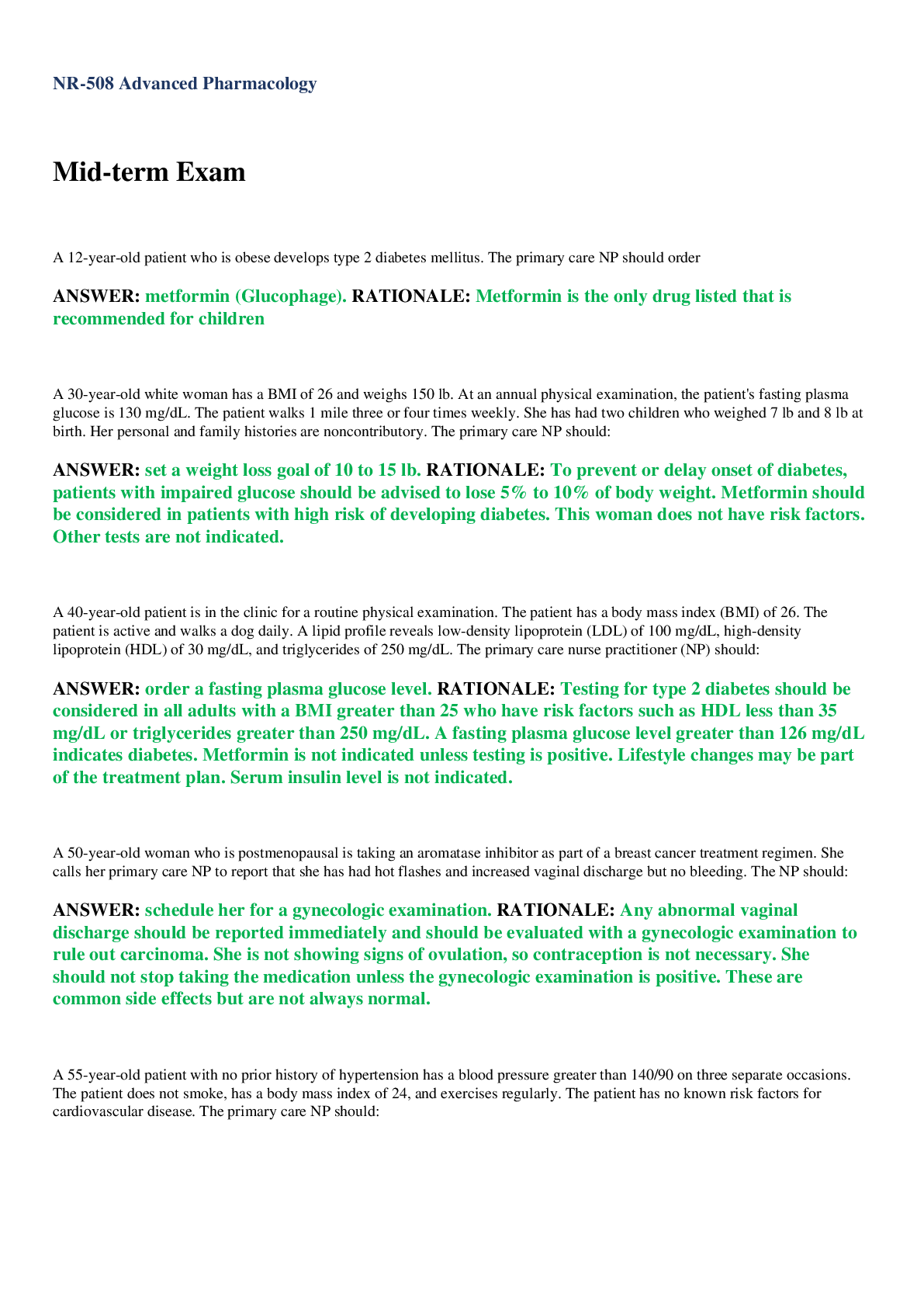 Preview of NR 508 Midterm Exam / NR508 Midterm Exam: Advanced Pharmacology Latest Update: Chamberlain